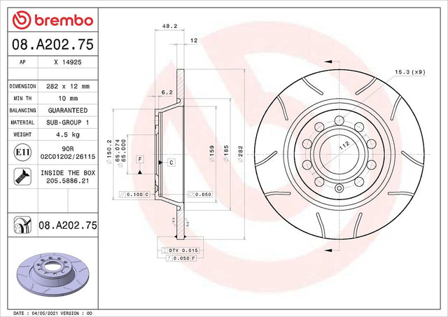 Brembo 08a20275c02 Brake Rotor||08a20275c02.Jpg||85||brm08a20275||1684130