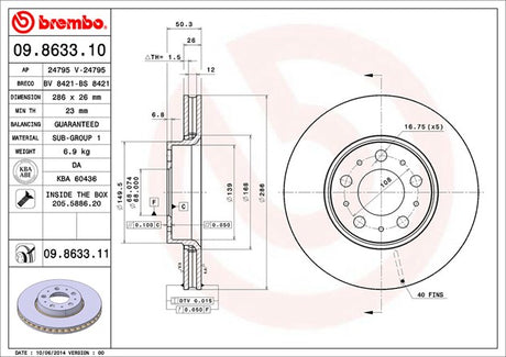 Product of Brembo 09863311C02 Vented 1 Piece Brake Rotor 