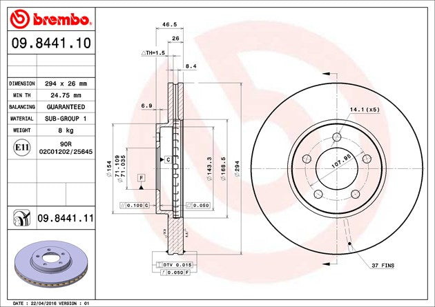 Product of Brembo 09844111C02 Vented 1 Piece Brake Rotor 