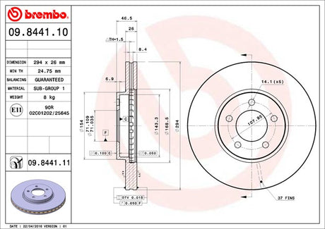 Product of Brembo 09844111C02 Vented 1 Piece Brake Rotor 