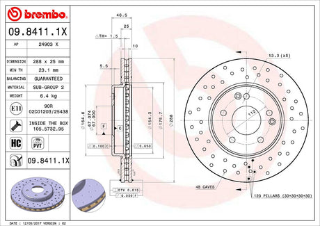 Product of Brembo 0984111XC02 Xtra Vented Cross Drilled 1 Piece Brake Rotor 