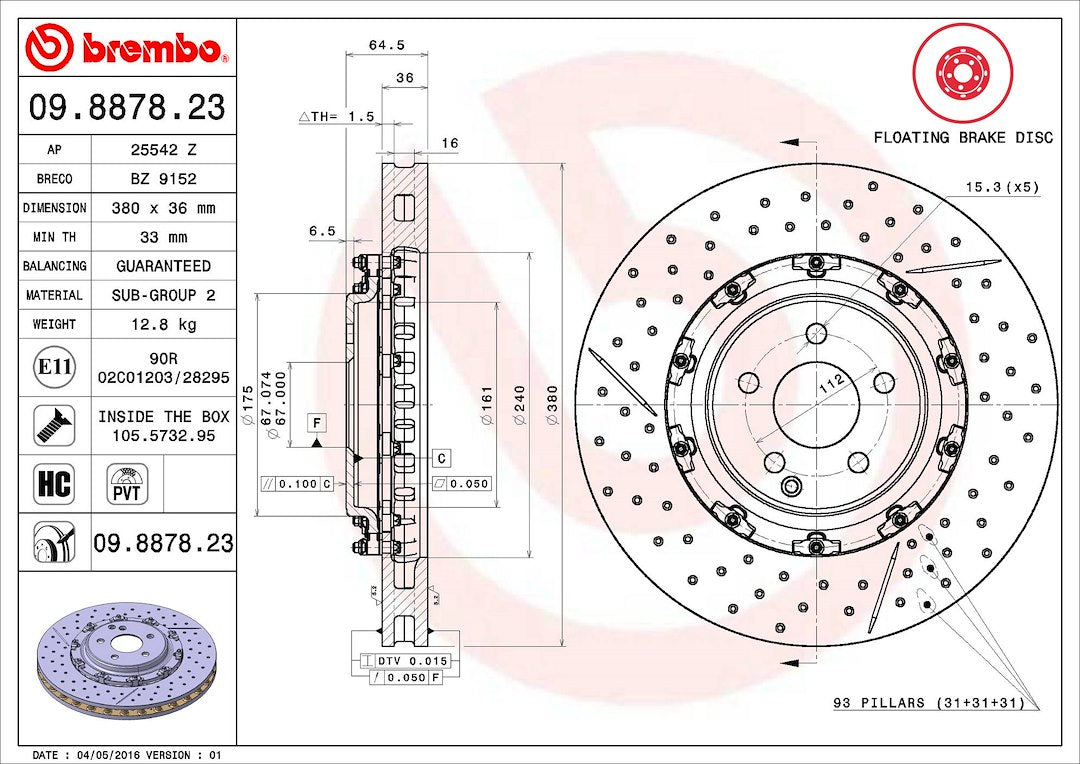 Product of Brembo 09887823C02 Vented Cross Drilled 1-Piece Brake Rotor 