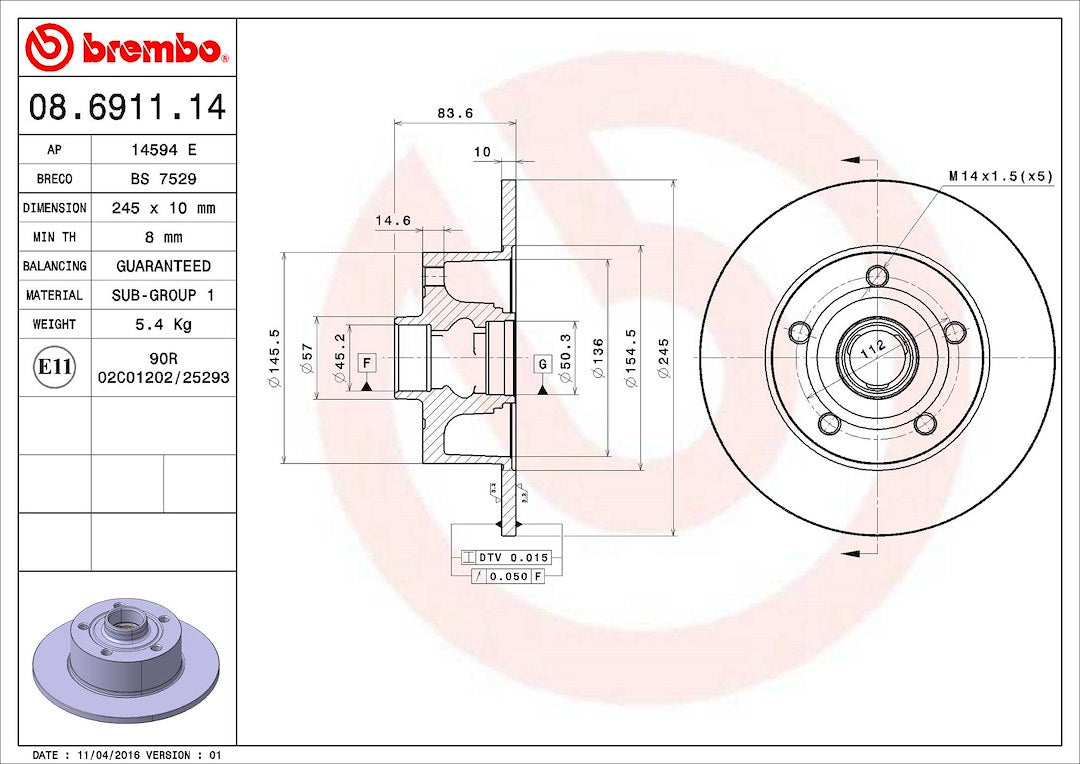 Product of Brembo 08691114C02 Solid 1 Piece Brake Rotor 