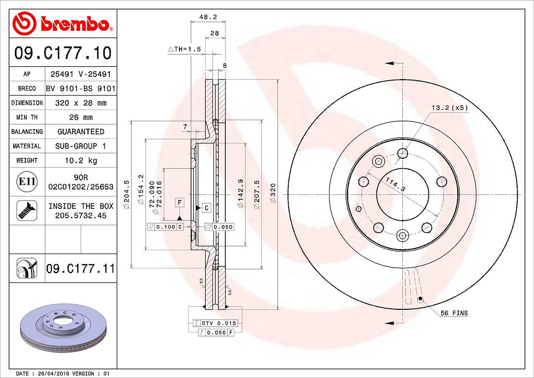 Product of Brembo 09C17711C02 Vented 1 Piece Brake Rotor 