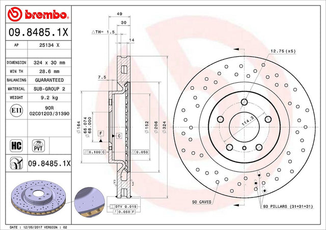 Product of Brembo 0984851XC02 Xtra Vented Cross Drilled 1 Piece Brake Rotor 