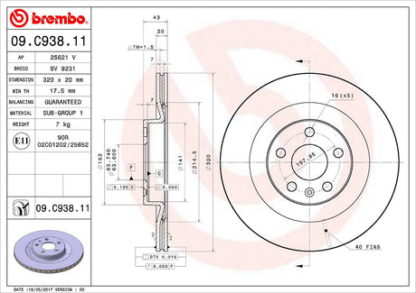 Product of Brembo 09C93811C02 Vented 1 Piece Brake Rotor 