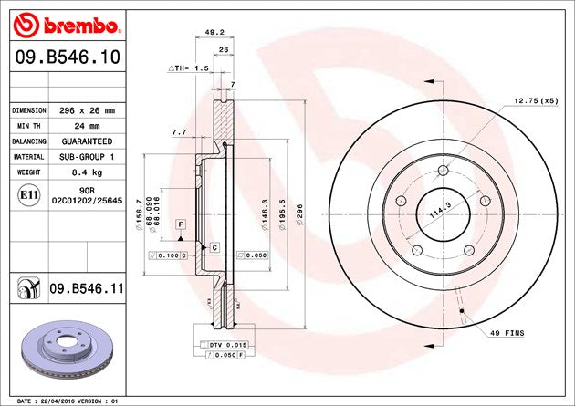 Product of Brembo 09B54611C02 Vented 1 Piece Brake Rotor 