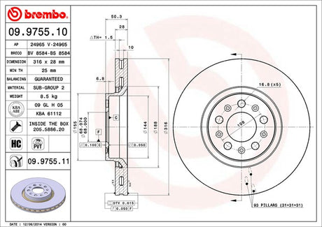 Product of Brembo 09975511C02 Vented 1 Piece Brake Rotor 