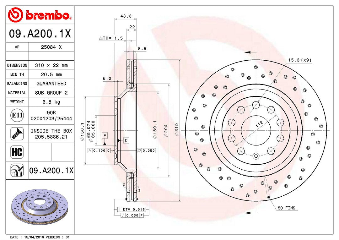 Product of Brembo 09A2001XC02 Xtra Vented Cross Drilled 1 Piece Brake Rotor 