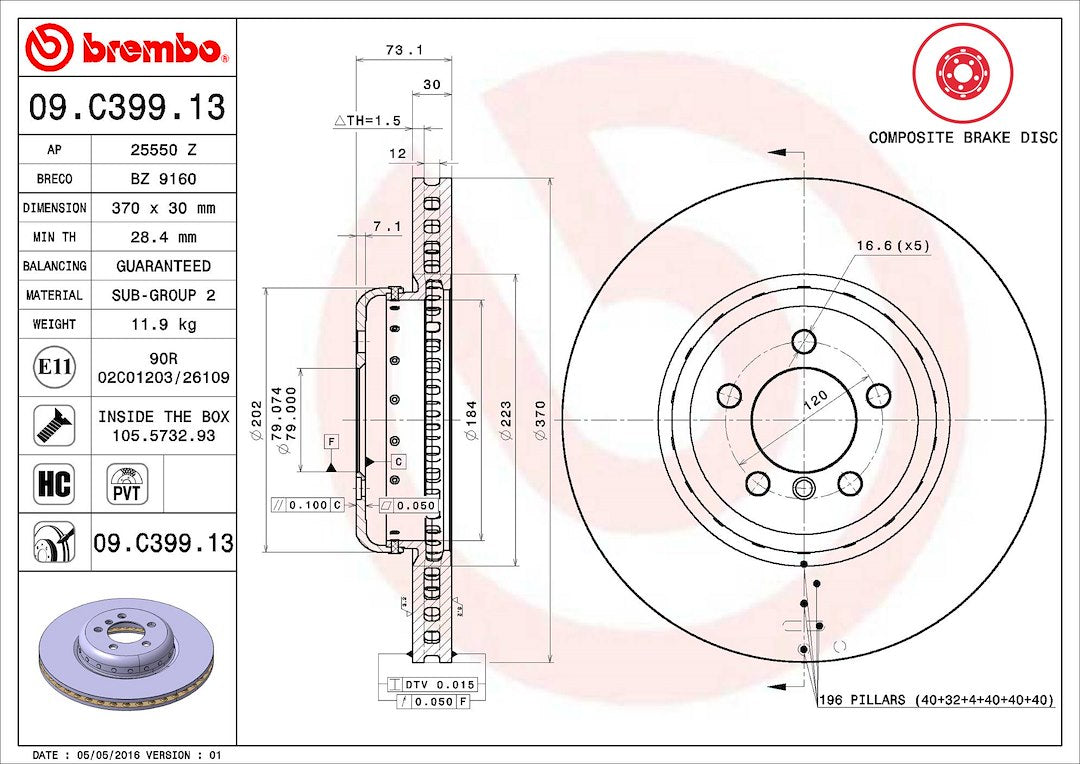 Product of Brembo 09C39913C02 Vented 1 Piece Brake Rotor 