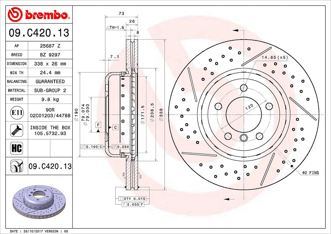 Product of Brembo 09C42013C02 Vented Cross Drilled 1 Piece Brake Rotor 