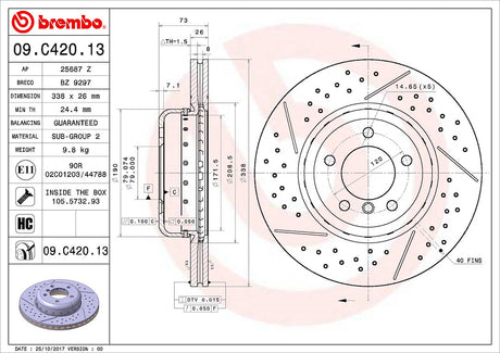 Product of Brembo 09C42013C02 Vented Cross Drilled 1 Piece Brake Rotor 
