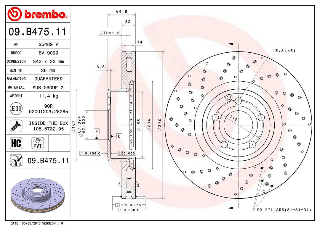 Product of Brembo 09B47511C02 Vented Cross Drilled 1 Piece Brake Rotor 