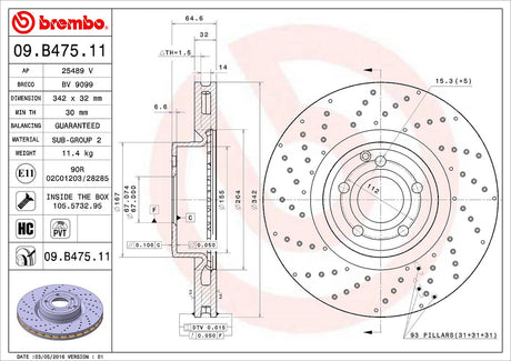 Product of Brembo 09B47511C02 Vented Cross Drilled 1 Piece Brake Rotor 