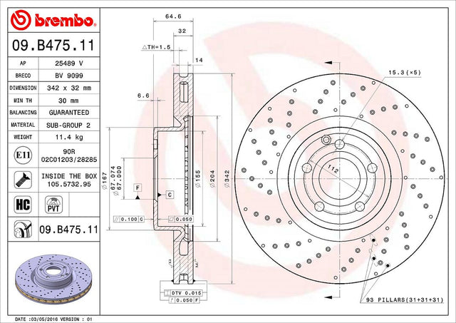 Product of Brembo 09B47511C02 Vented Cross Drilled 1 Piece Brake Rotor 