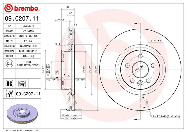 Product of Brembo 09C20711C02 Vented 1 Piece Brake Rotor 