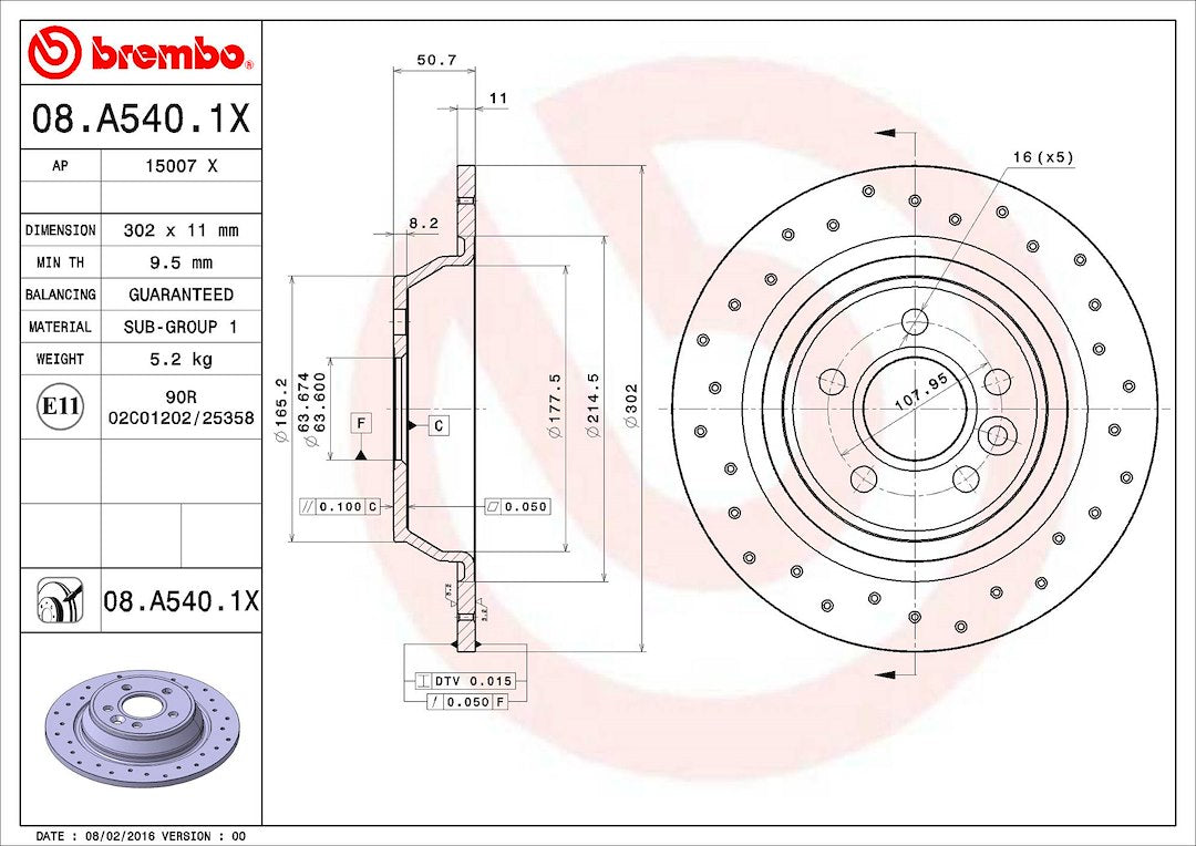 Product of Brembo 08A5401XC02 Xtra Solid Cross Drilled 1 Piece Brake Rotor 