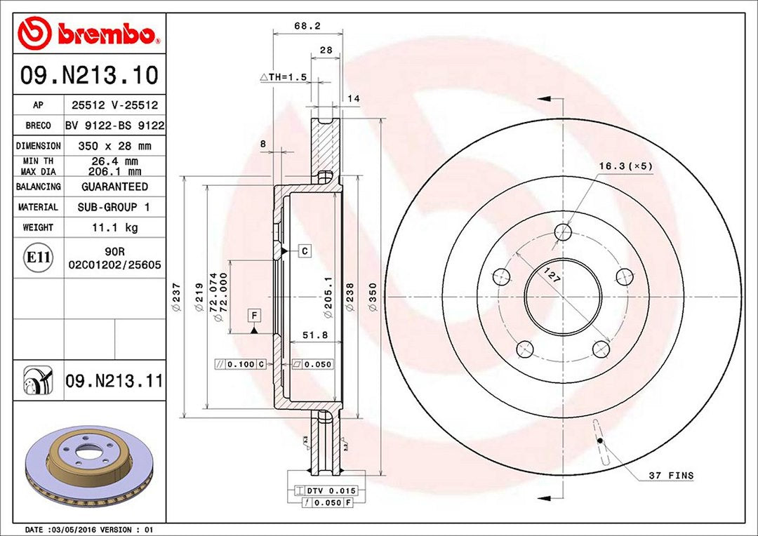 Product of Brembo 09N21311C02 Vented 1 Piece Brake Rotor 