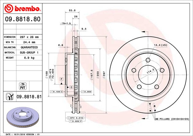 Product of Brembo 09881881C02 Vented 1 Piece Brake Rotor 
