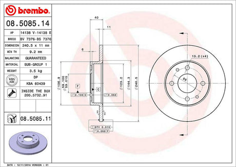 Product of Brembo 08508511C02 Solid 1 Piece Brake Rotor 