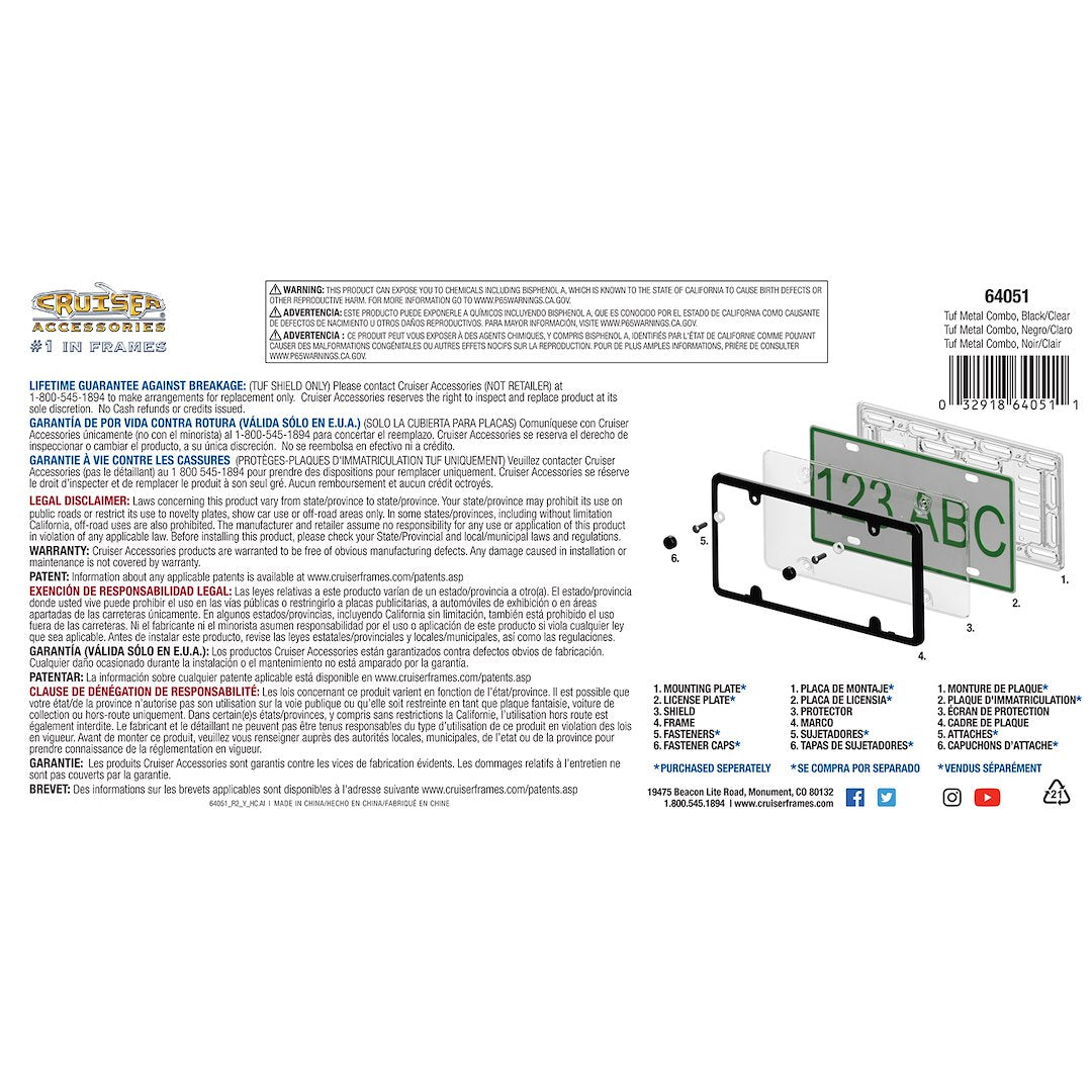 Cruiser 64051 License Plate Frame||64051_P02-Tuf-Metal-Combo_Black_Clear-Backpack.Jpg||87||c3464051||1181949