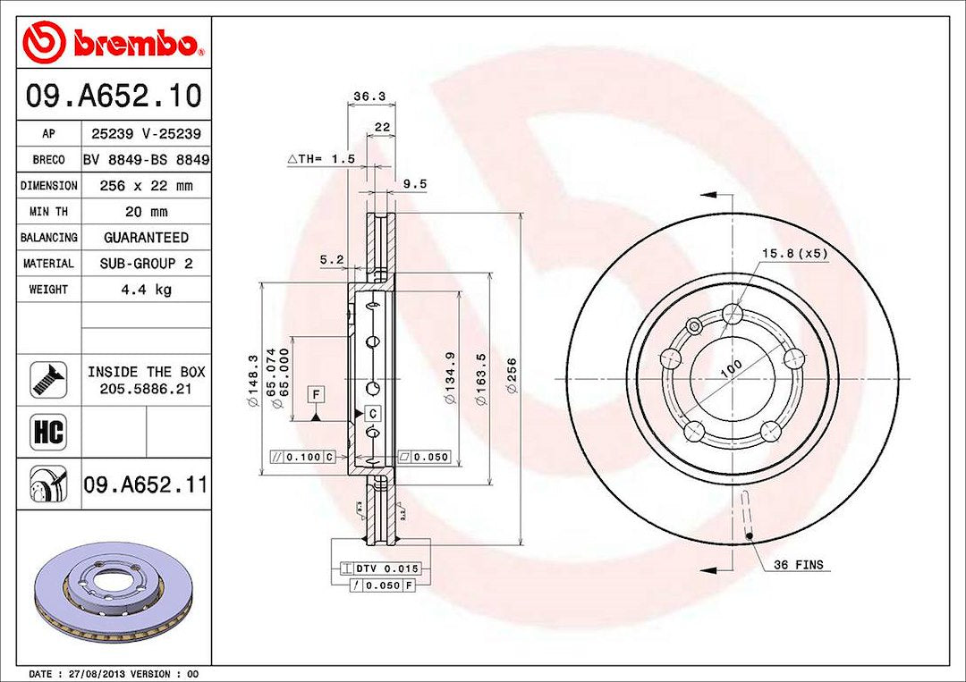 Product of Brembo 09A65211C02 Vented 1 Piece Brake Rotor 