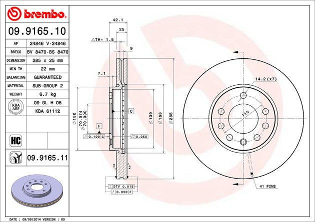 Product of Brembo 09916511C02 Vented 1 Piece Brake Rotor 