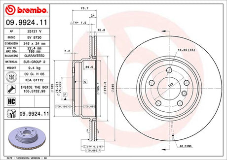 Product of Brembo 09992411C02 Vented 1 Piece Brake Rotor 