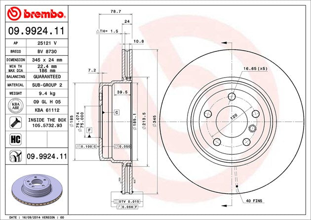 Product of Brembo 09992411C02 Vented 1 Piece Brake Rotor 