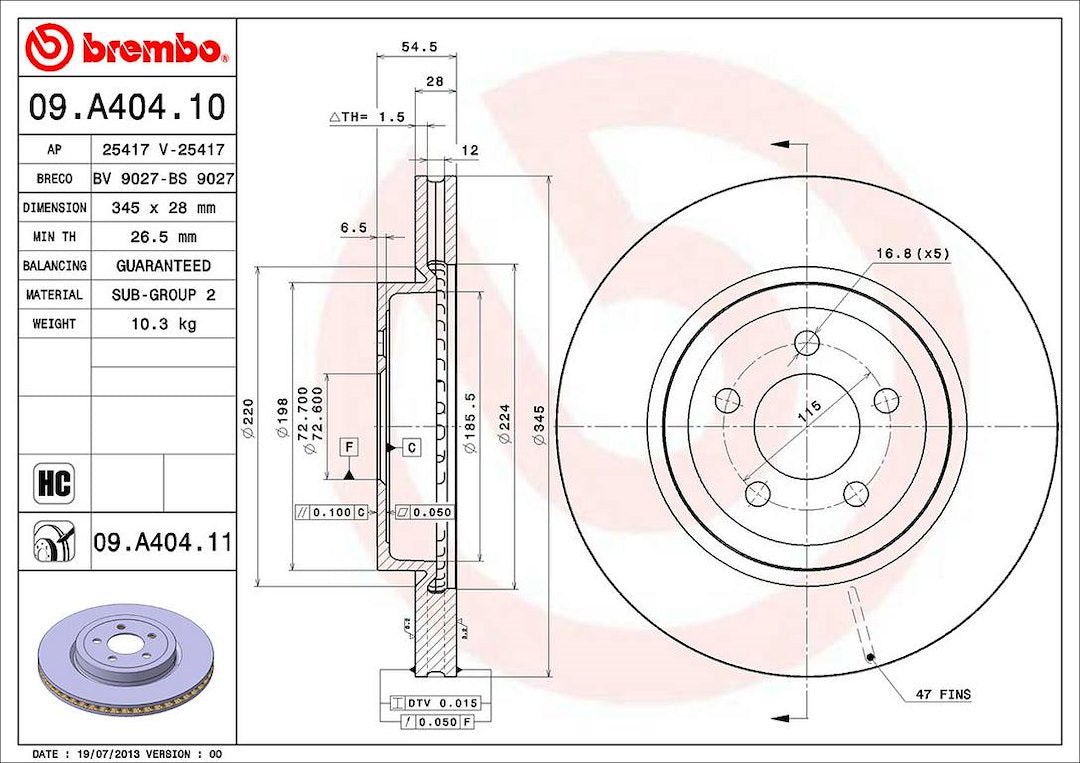 Product of Brembo 09A40411C02 Vented 1 Piece Brake Rotor 