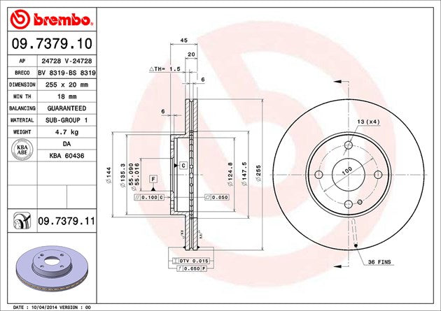 Product of Brembo 09737911C02 Vented 1 Piece Brake Rotor 