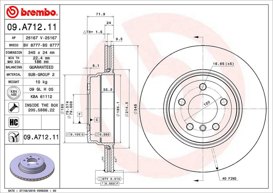 Product of Brembo 09A71211C02 Vented 1 Piece Brake Rotor 