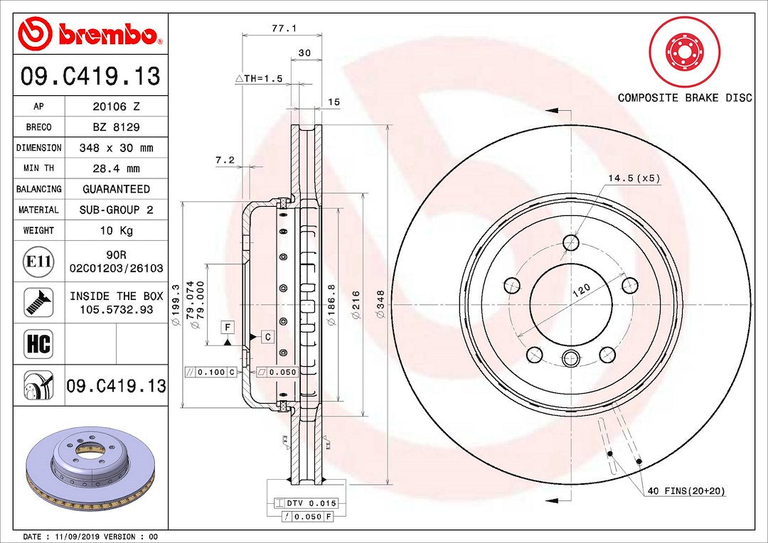 Product of Brembo 09C41913C02 Vented 1 Piece Brake Rotor 