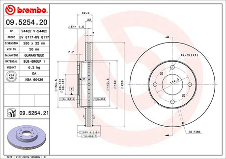 Product of Brembo 09525421C02 Vented 1 Piece Brake Rotor 
