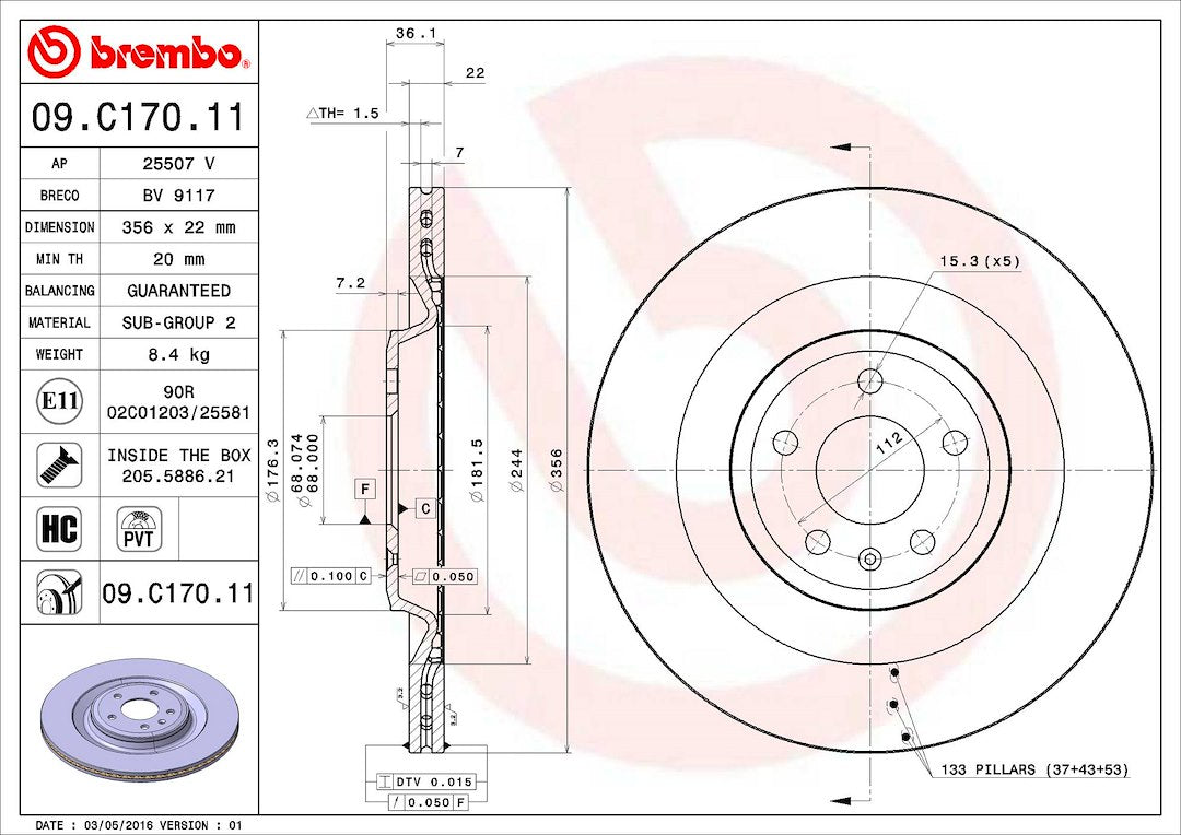 Product of Brembo 09C17011C02 Vented 1 Piece Brake Rotor 