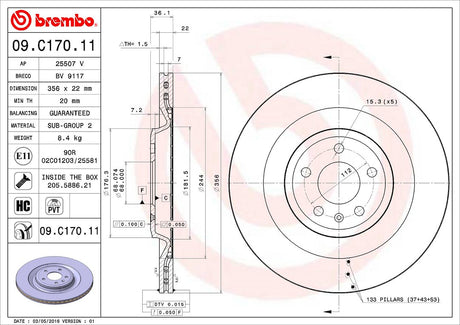 Product of Brembo 09C17011C02 Vented 1 Piece Brake Rotor 