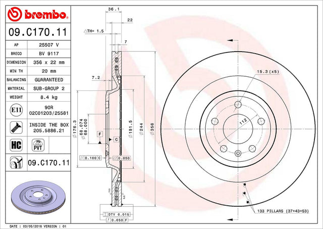 Product of Brembo 09C17011C02 Vented 1 Piece Brake Rotor 
