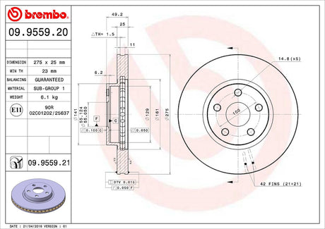 Product of Brembo 09955921C02 Vented Cross Drilled 1-Piece Brake Rotor 