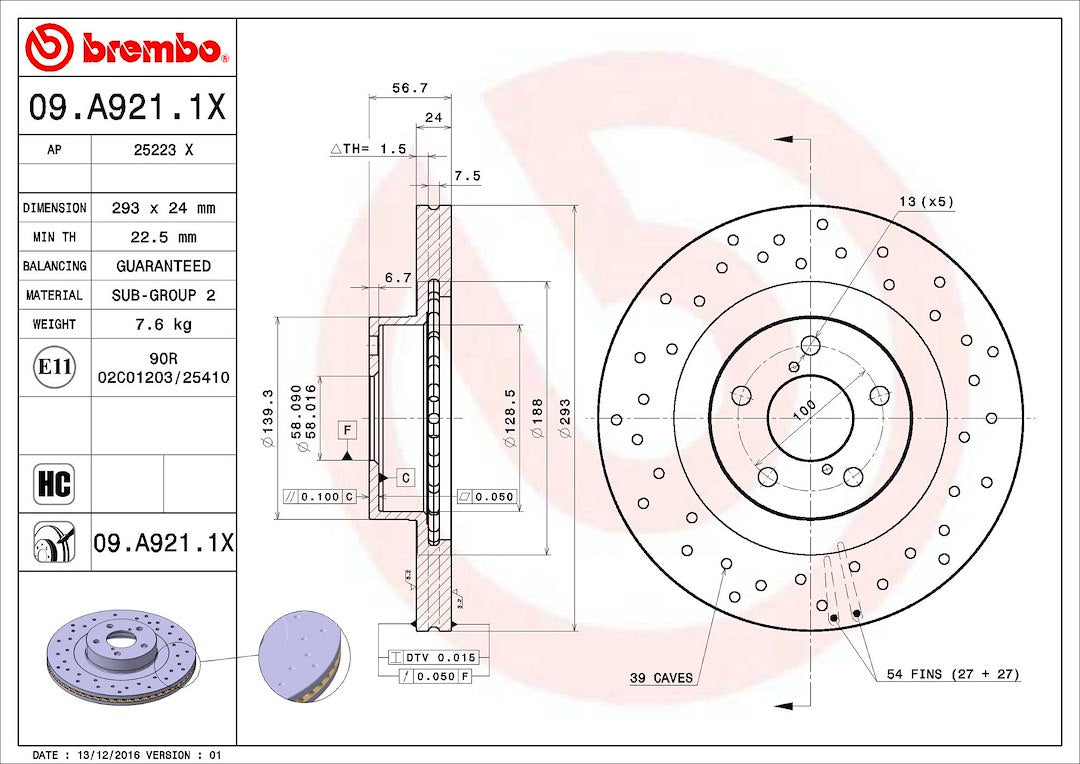 Product of Brembo 09A9211XC02 Xtra Vented Cross Drilled 1 Piece Brake Rotor 