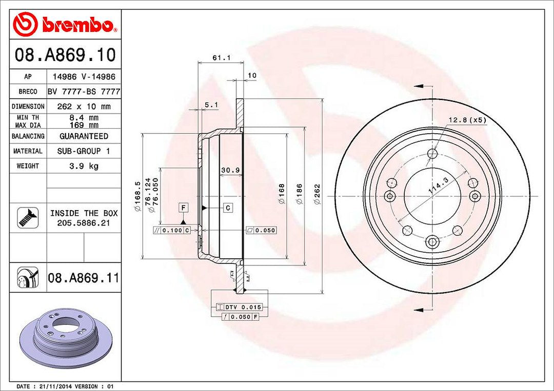 Product of Brembo 08A86911C02 Solid 1 Piece Brake Rotor 