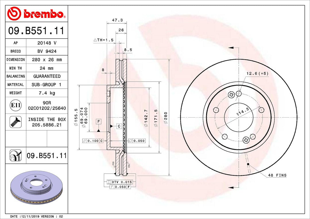 Product of Brembo 09B55111C02 Vented 1 Piece Brake Rotor 
