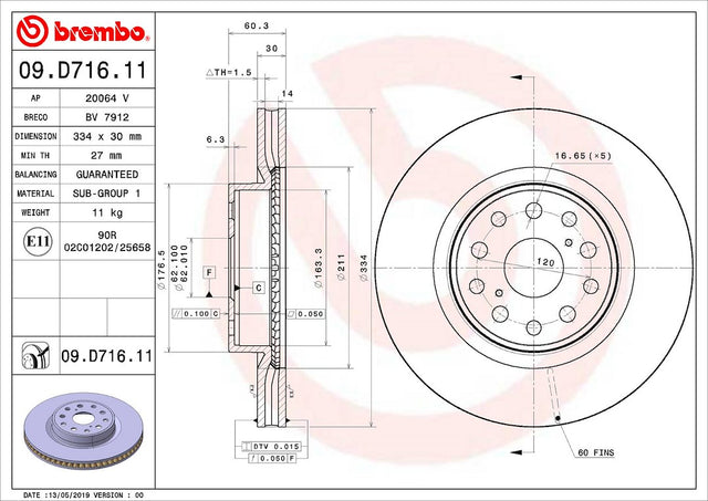 Product of Brembo 09D71611C02 Vented 1 Piece Brake Rotor 