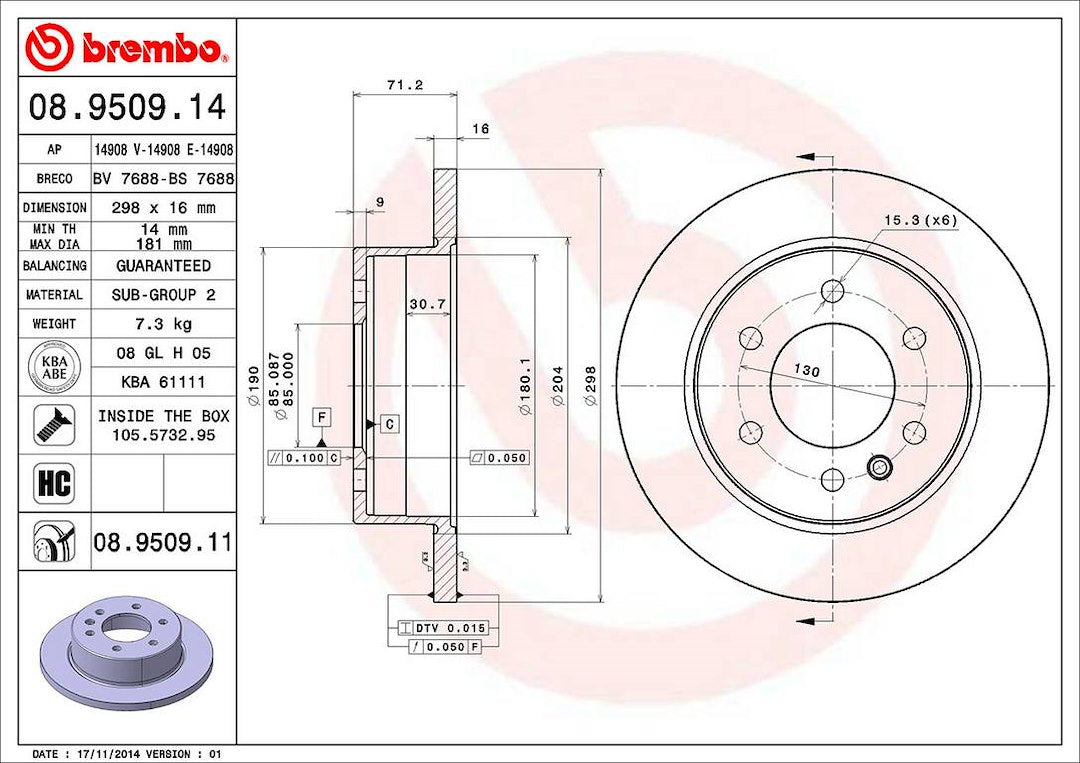 Product of Brembo 08950911C02 Solid 1 Piece Brake Rotor 