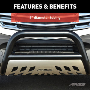 Product of Aries B35-2002 Bull Bar Black Semi-Gloss Powder Coated 3 Inch Yes with skid plate 
