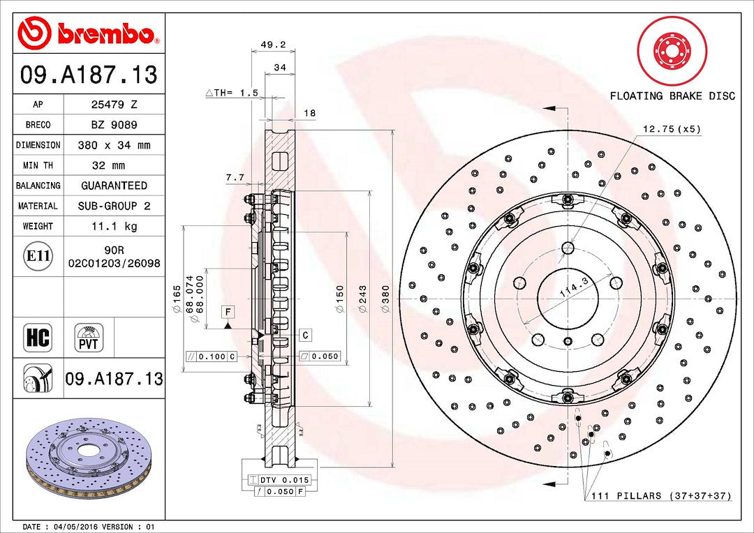 Product of Brembo 09A18713C02 Vented Cross Drilled 1 Piece Brake Rotor 