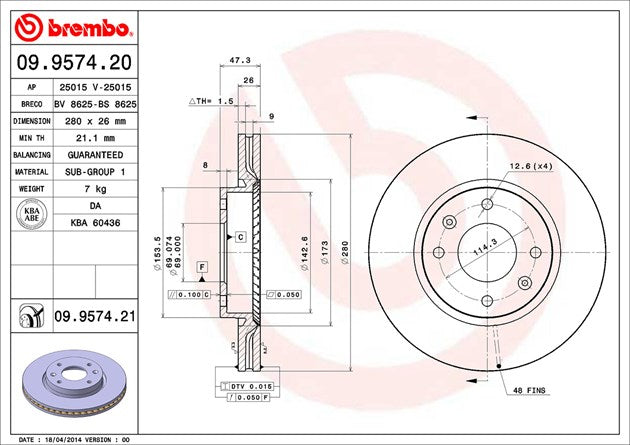 Product of Brembo 09957421C02 Vented 1 Piece Brake Rotor 