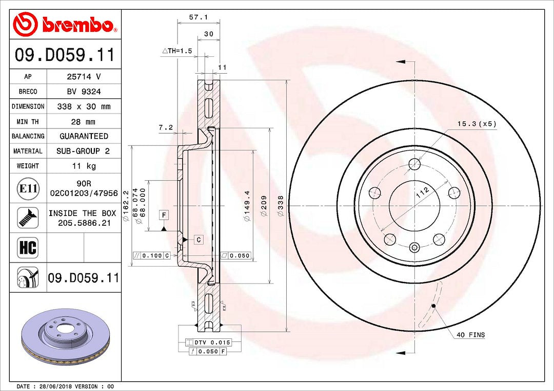 Product of Brembo 09D05911C02 Vented 1 Piece Brake Rotor 