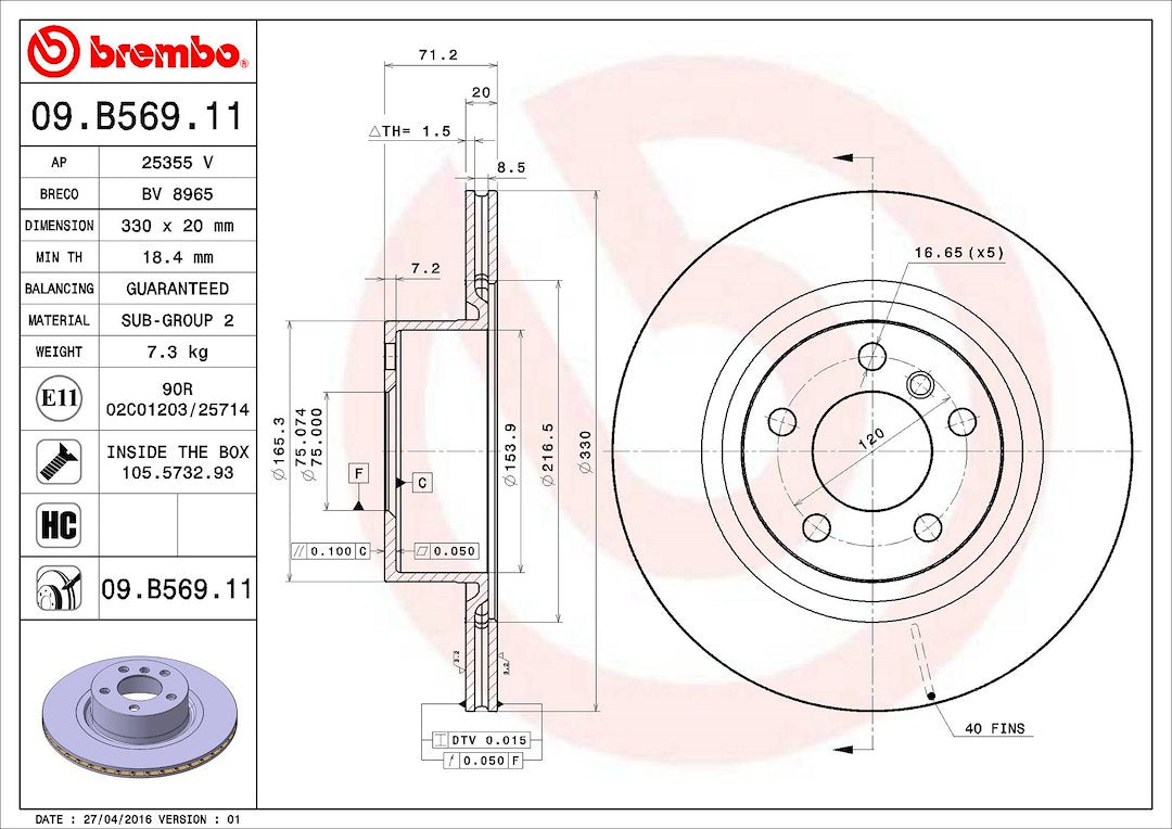 Product of Brembo 09B56911C02 Vented 1 Piece Brake Rotor 