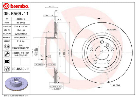 Product of Brembo 09B56911C02 Vented 1 Piece Brake Rotor 