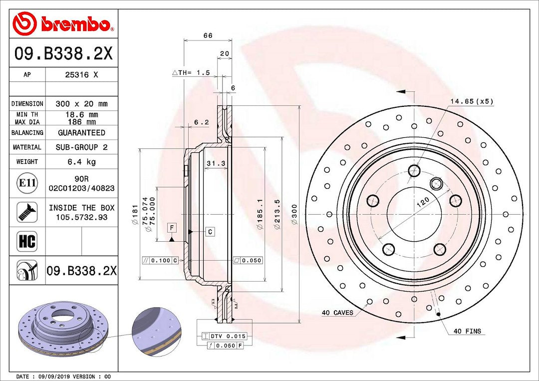 Product of Brembo 09B3382XC02 Xtra Vented Cross Drilled 1 Piece Brake Rotor 